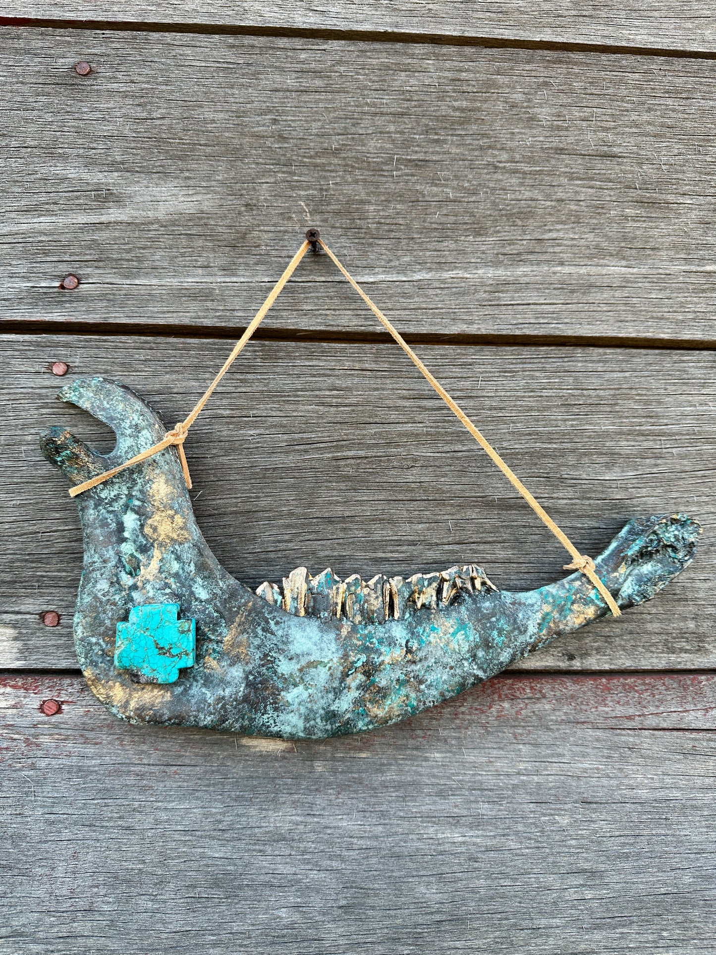 Texas Longhorn bronze turquoise metallic jaw bone